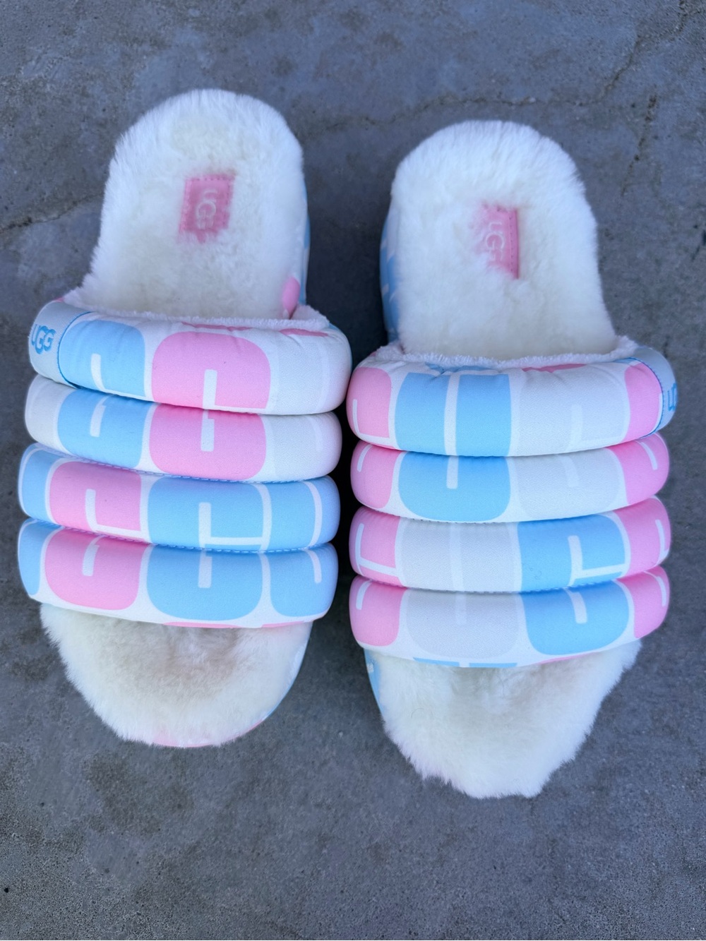 UGG Puffy Logo Slide Sandals in Pink & Blue with Cream Shearling